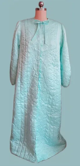 * GLAMOROUS 1960s VINTAGE CYMBAE SCALLOPED SATIN QUILTED ROBE WITH BOW TIE IN GLACIER BLUE FROM HONG KONG