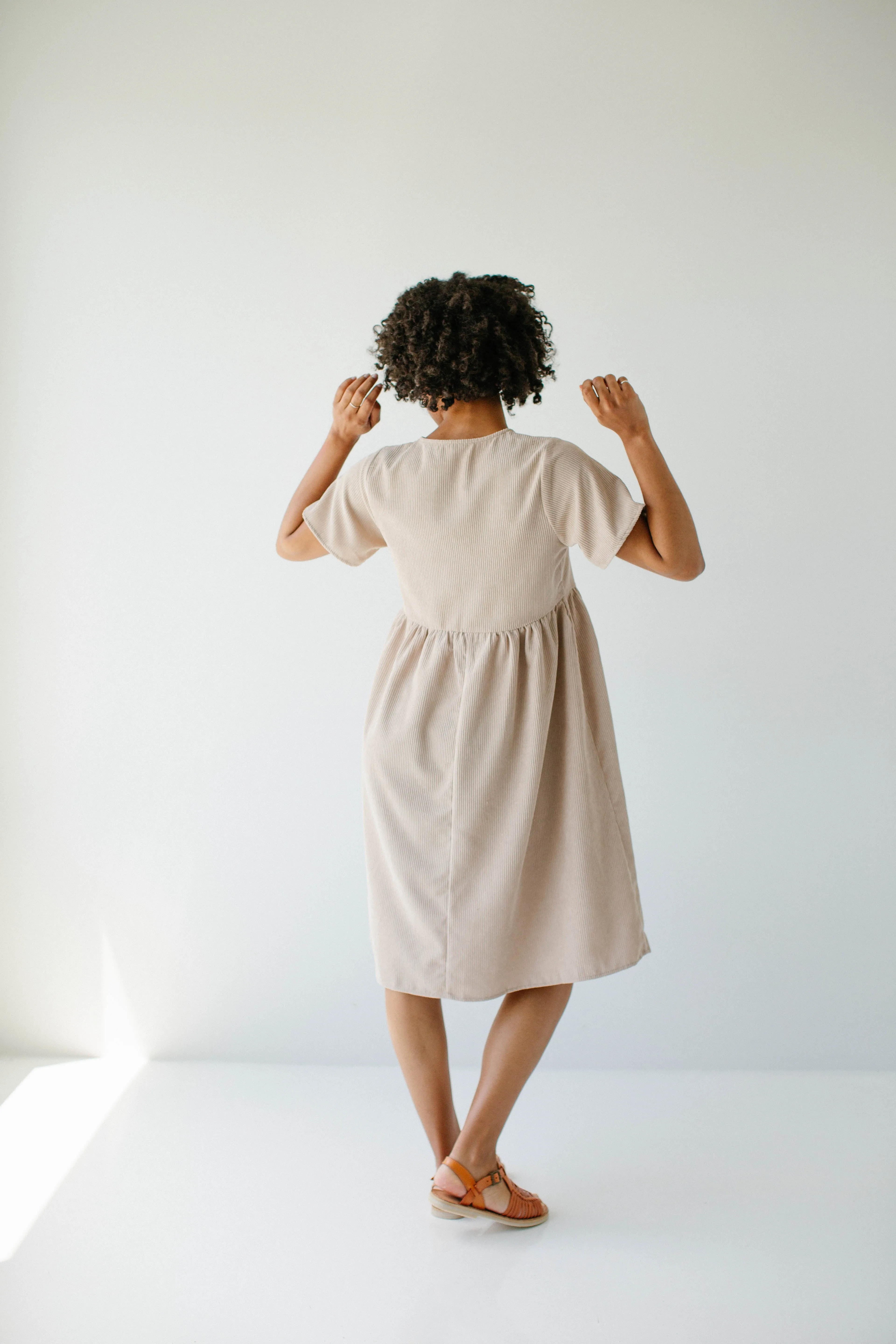 'Adana' V-Neck Button Down Corduroy Midi Dress in Beige