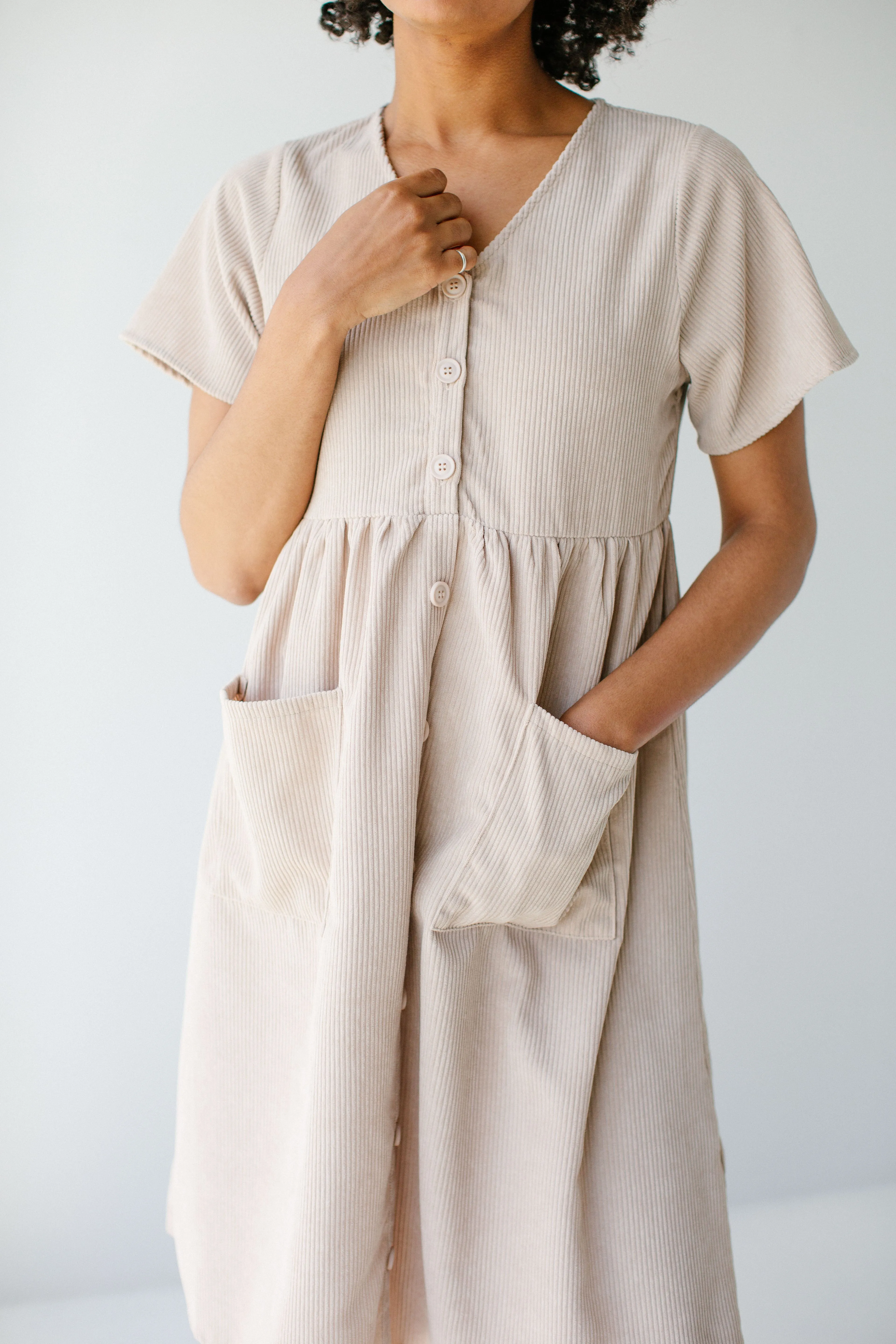 'Adana' V-Neck Button Down Corduroy Midi Dress in Beige