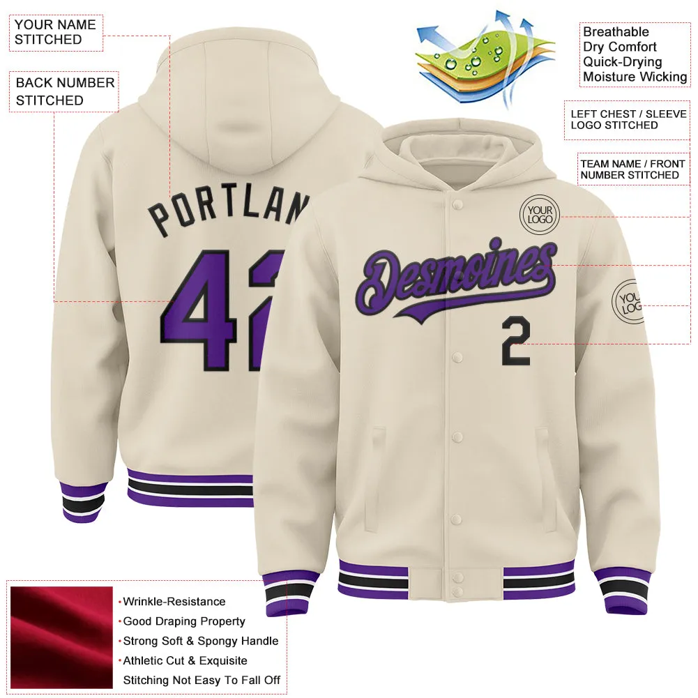 Custom Cream Purple Black-White Bomber Full-Snap Varsity Letterman Hoodie Jacket