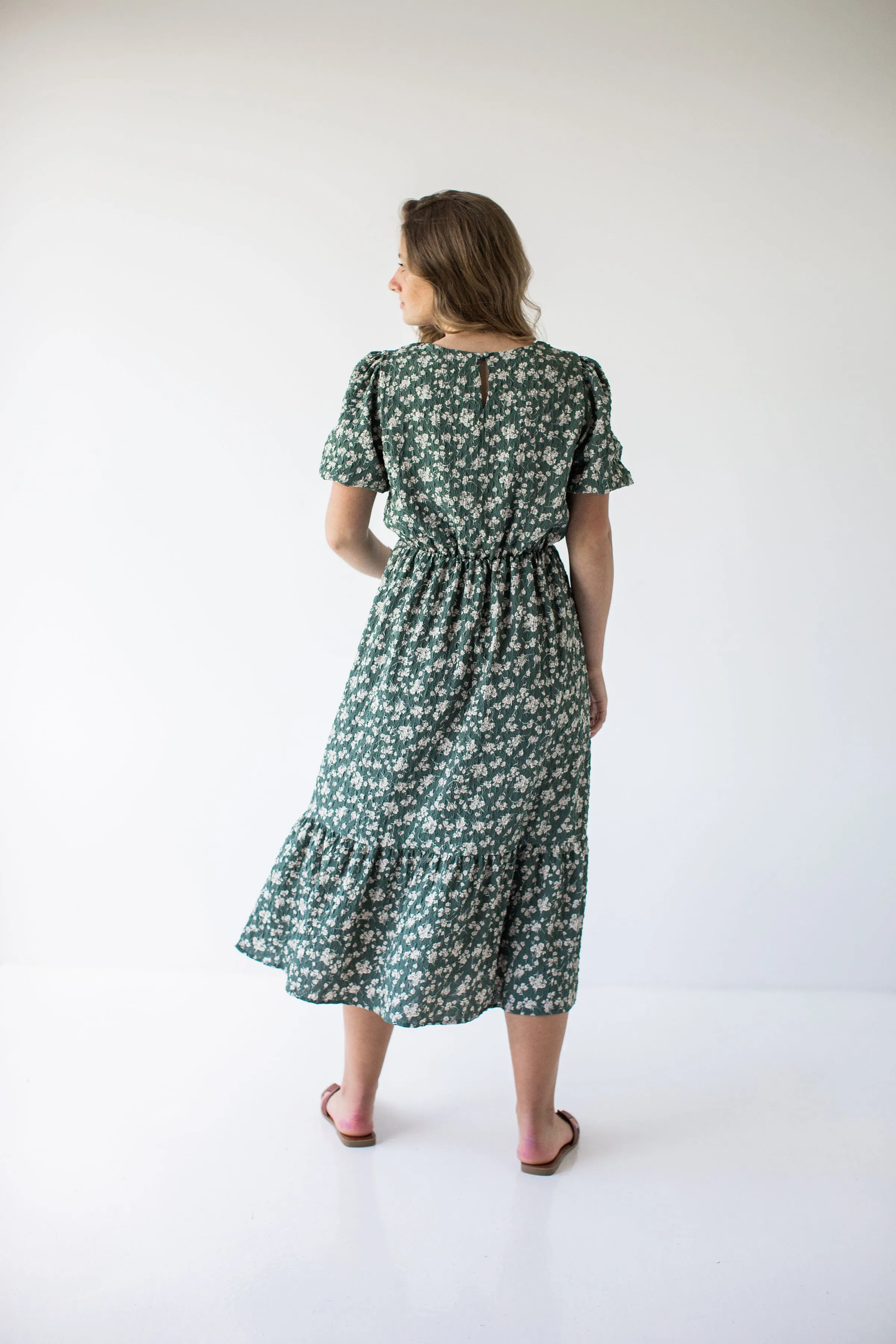 'Deidra' Textured Flower Print Midi Dress in Dusty Jade