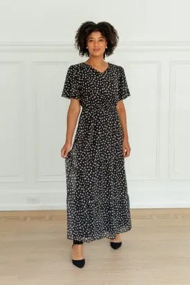 'Estrella' Floral Flutter Sleeve Maxi Dress in Black