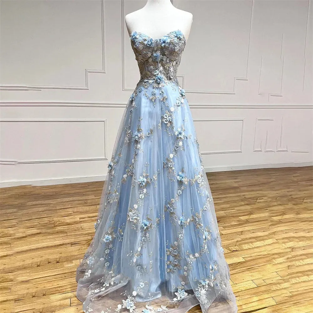 Girlary Blue Elegant Sexy Wedding Party Dress A-Line Strapless Celebrity Dress Appliques Lace Special Occasion Dress robes du soir