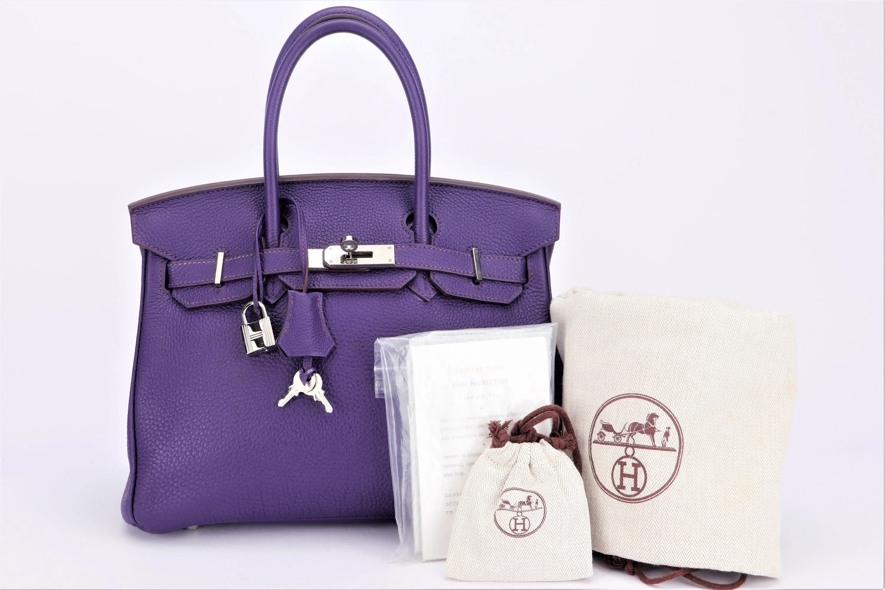 HERMES BIRKIN 30 (STAMP I (2005)) IRIS COLOR TOGO LEATHER SILVER HARDWARE, WITH KEYS, LOCK, RAINCOAT & DUST COVER