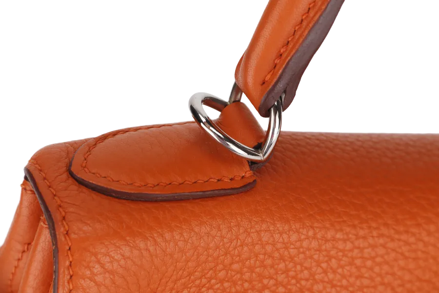 HERMES KELLY 28 RETOURNE (STAMP X) ORANGE CLEMENCE LEATHER SILVER HARDWARE WITH STRAP, LOCK&KEYS, RAINCOAT, DUST COVER & BOX