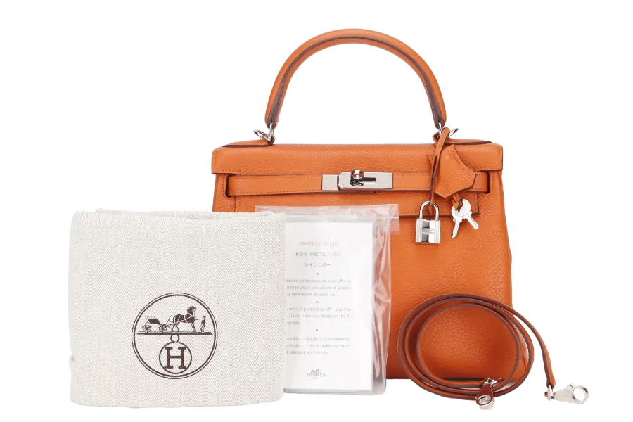 HERMES KELLY 28 RETOURNE (STAMP X) ORANGE CLEMENCE LEATHER SILVER HARDWARE WITH STRAP, LOCK&KEYS, RAINCOAT, DUST COVER & BOX