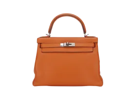 HERMES KELLY 28 RETOURNE (STAMP X) ORANGE CLEMENCE LEATHER SILVER HARDWARE WITH STRAP, LOCK&KEYS, RAINCOAT, DUST COVER & BOX