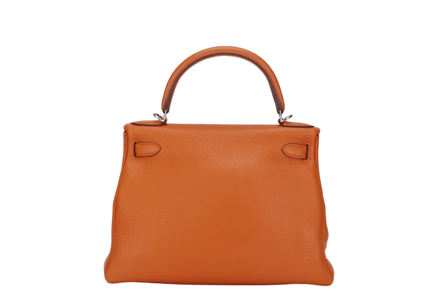 HERMES KELLY 28 RETOURNE (STAMP X) ORANGE CLEMENCE LEATHER SILVER HARDWARE WITH STRAP, LOCK&KEYS, RAINCOAT, DUST COVER & BOX