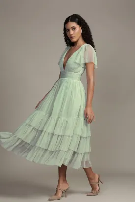 Madison Sage Green Tulle Bridesmaid Midi Dress