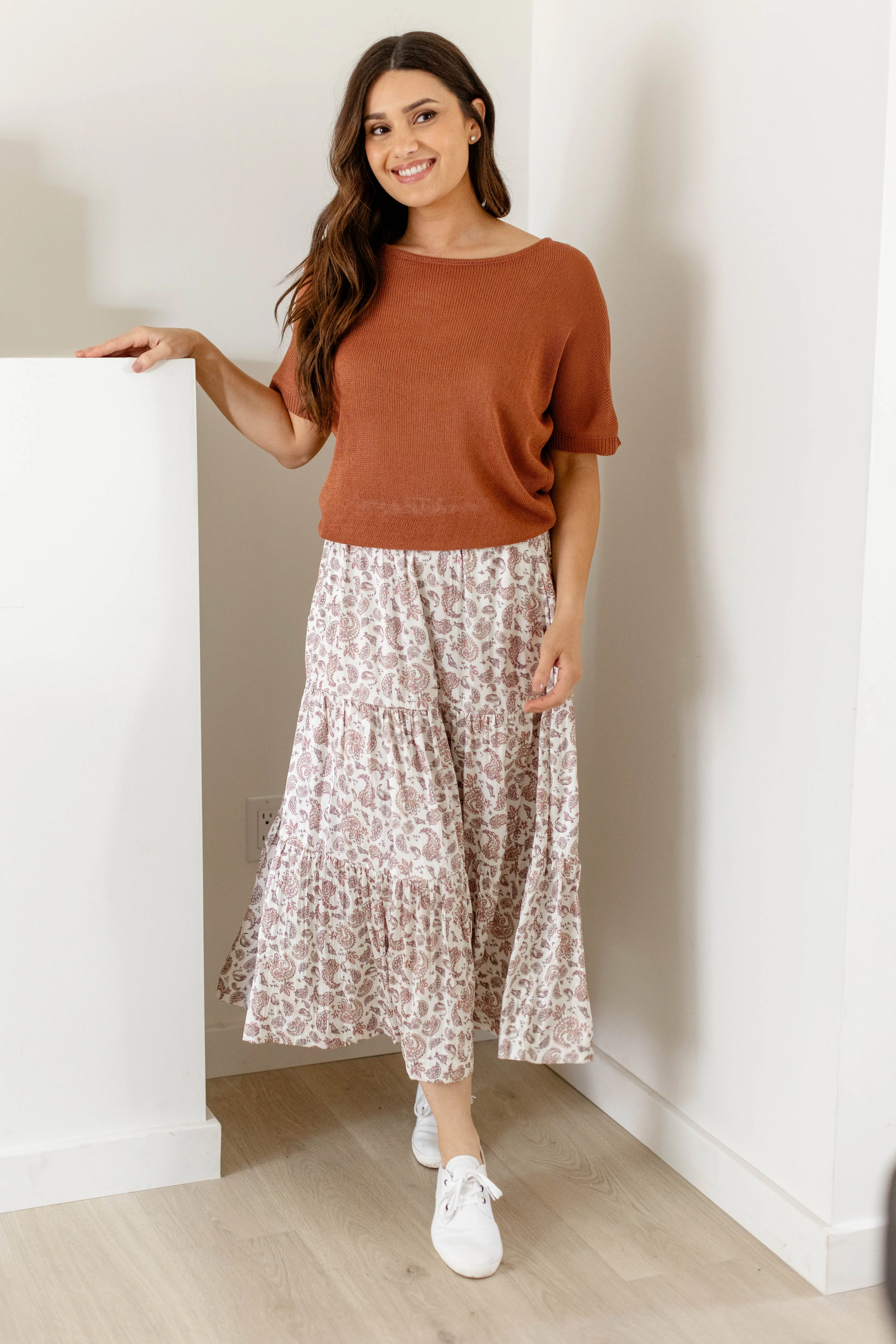 'Marilyn' Paisley Print Satin Midi Skirt in Off White FINAL SALE