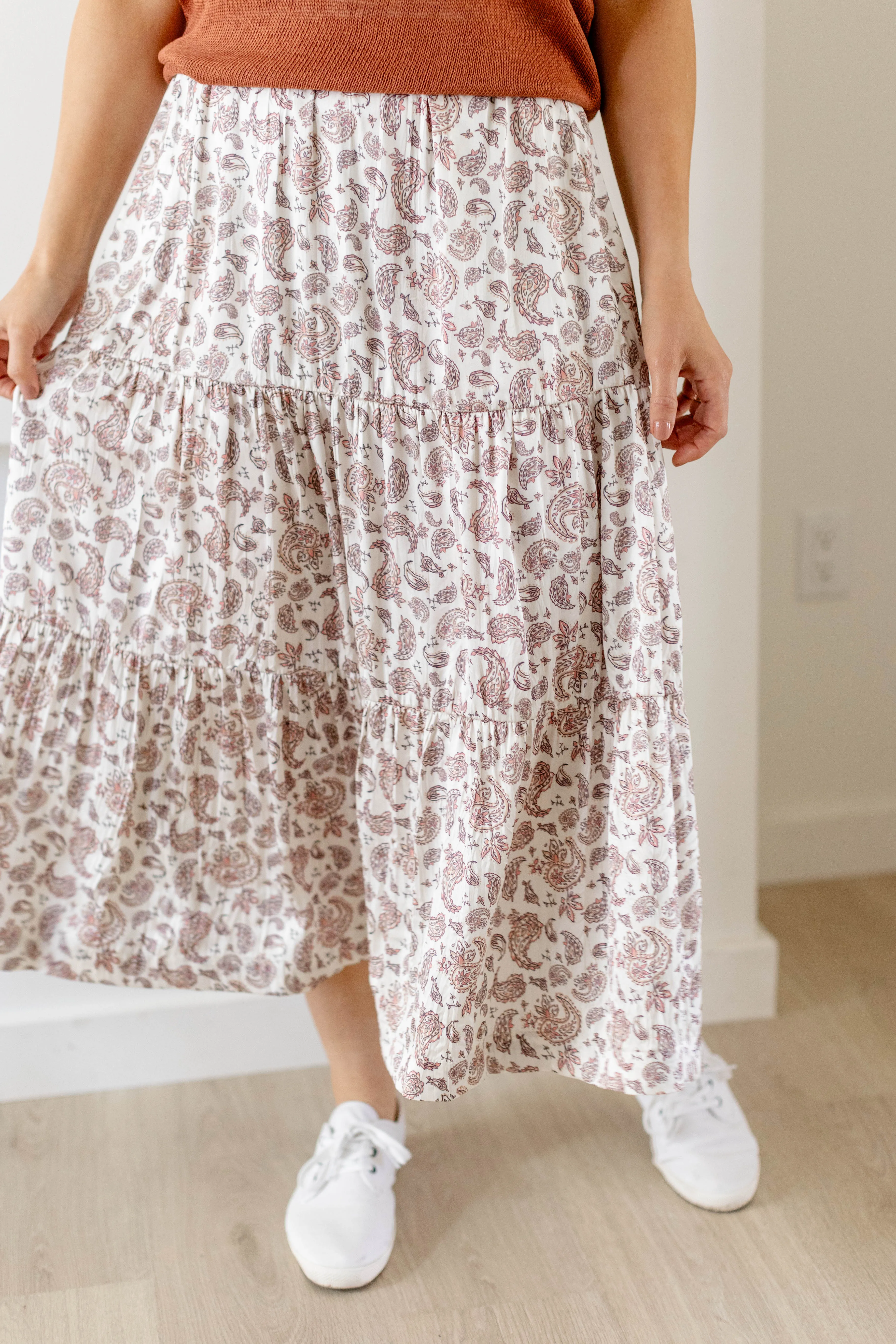 'Marilyn' Paisley Print Satin Midi Skirt in Off White FINAL SALE