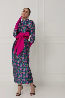 Matilde Cano Blue/Pink Floral Print Maxi Dress With Bow Waist