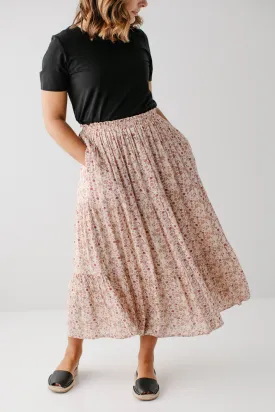 'Meredith' Multi Floral Midi Skirt in Beige