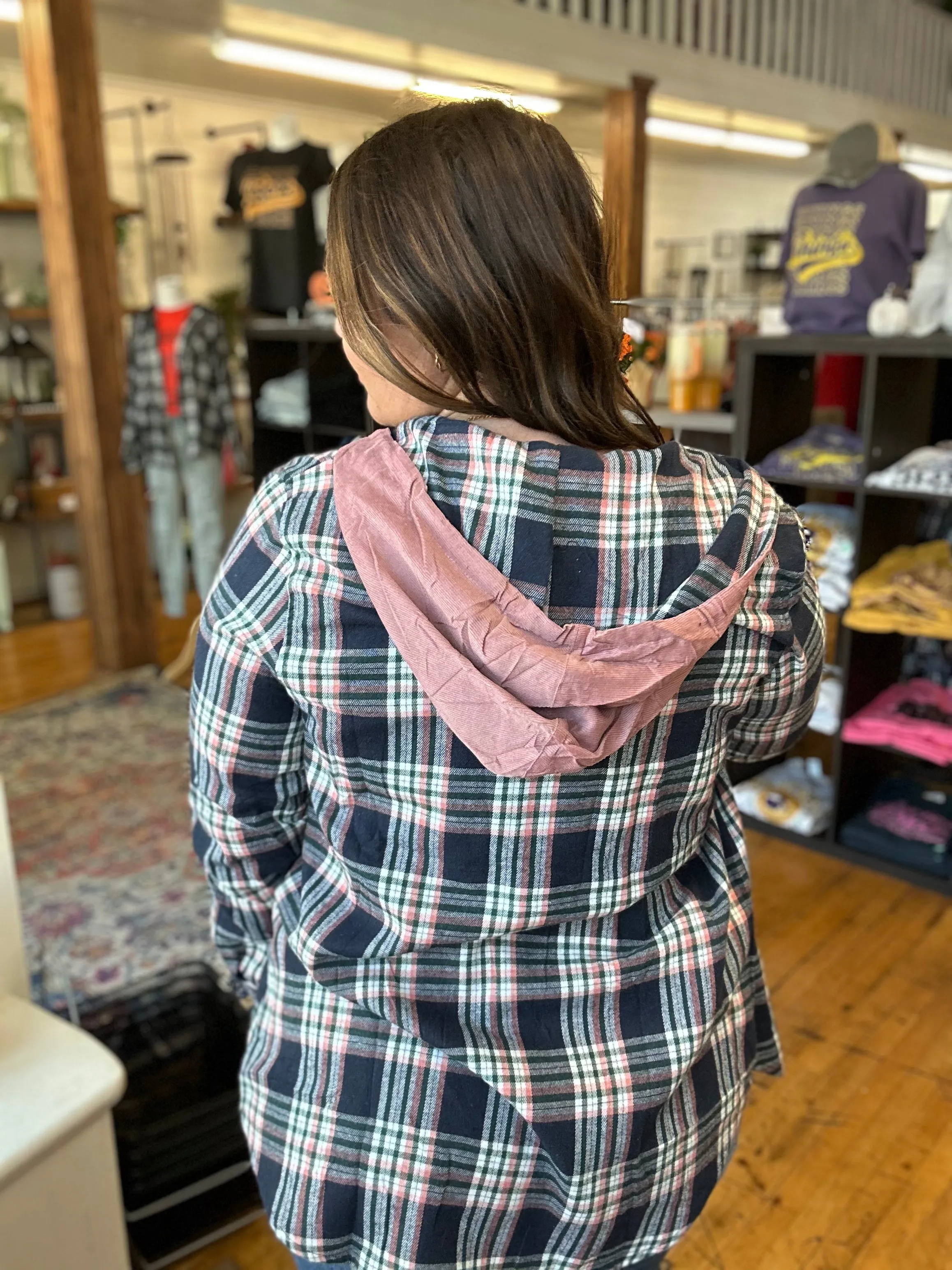 Pink Plaid Corduroy Hooded Top