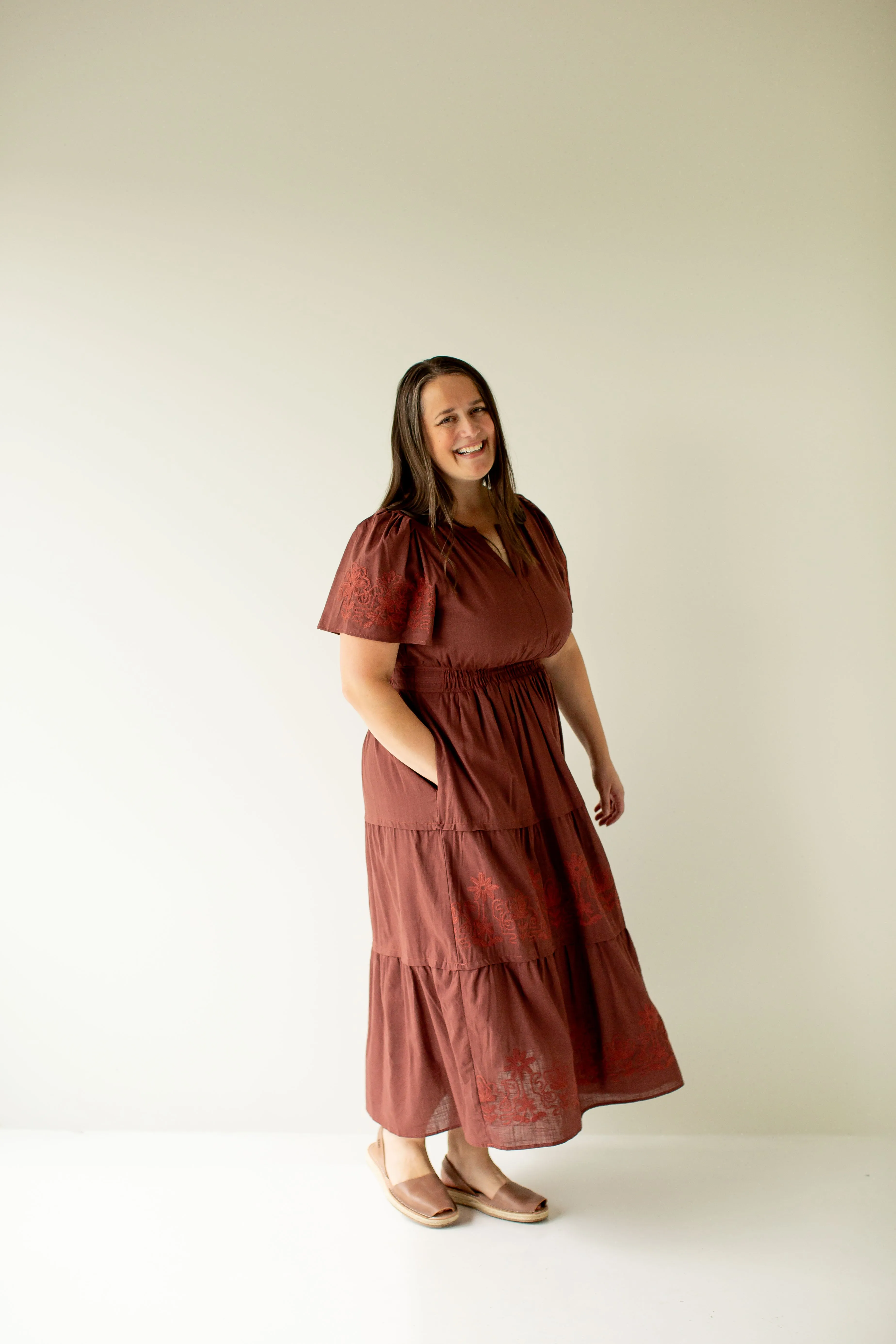 Plus 'Athena' Embroidered Detail Tiered Maxi Dress in Merlot