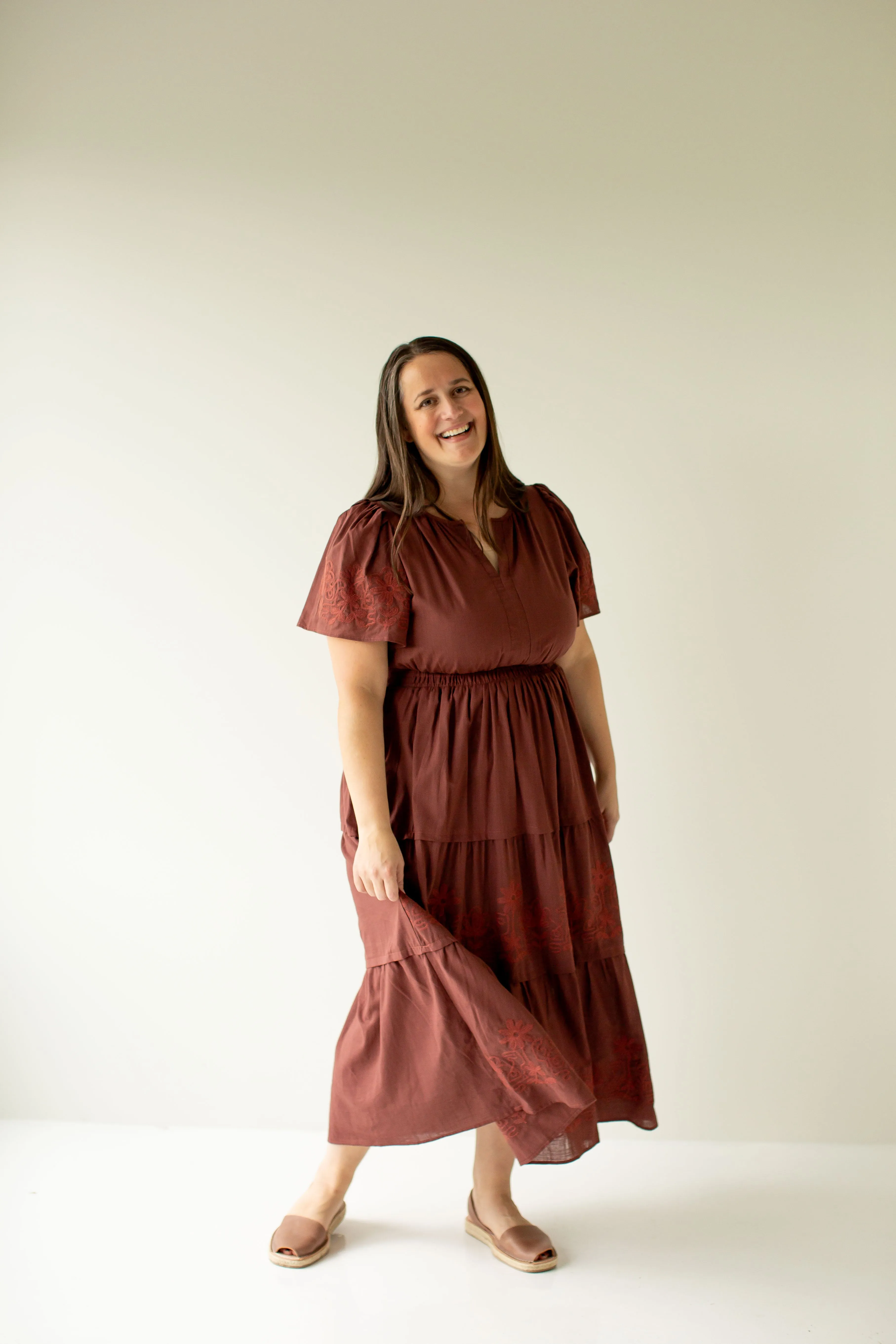 Plus 'Athena' Embroidered Detail Tiered Maxi Dress in Merlot