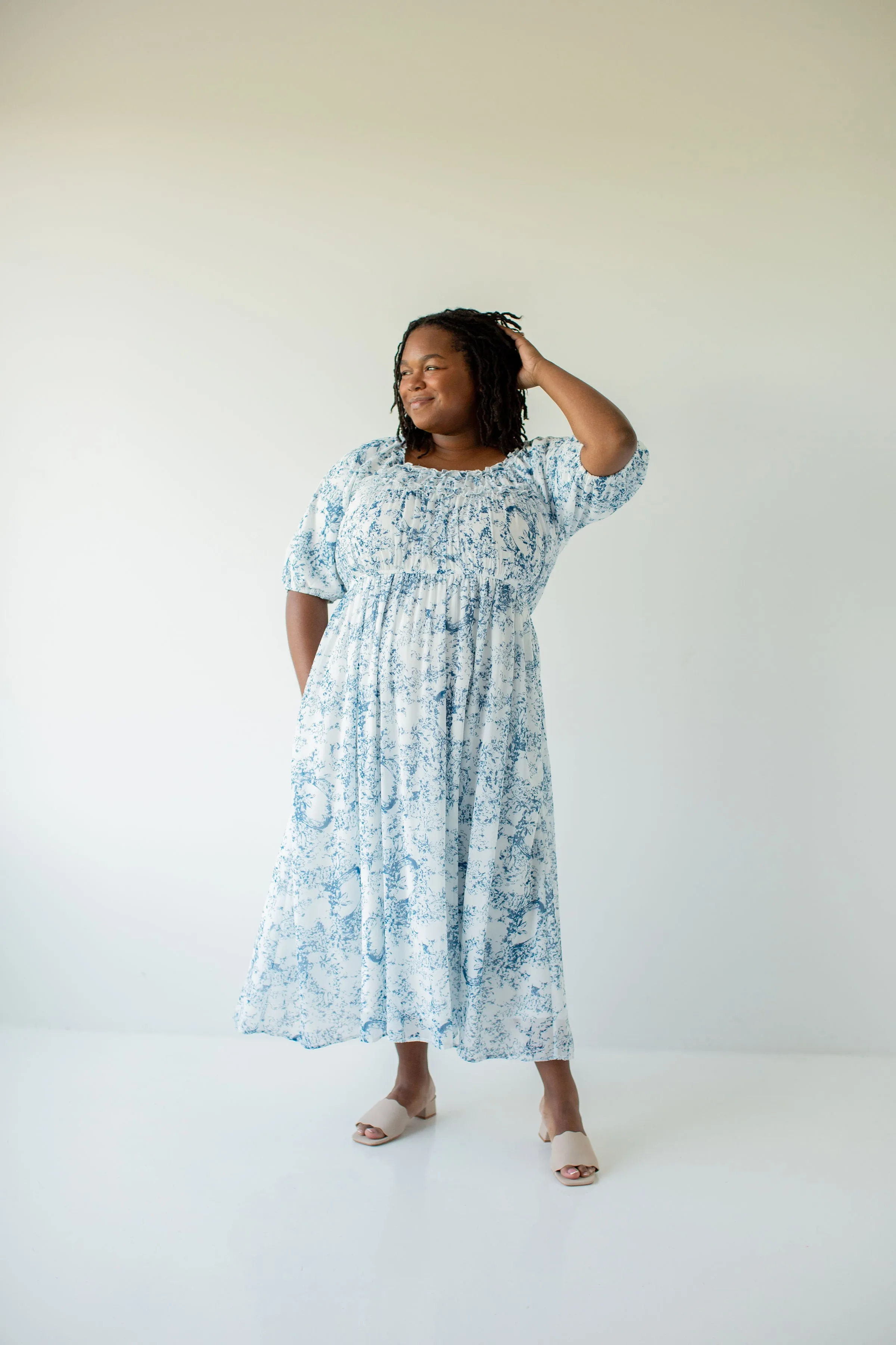 Plus 'Yvette' Ruffled Blue Floral Midi Dress in White FINAL SALE