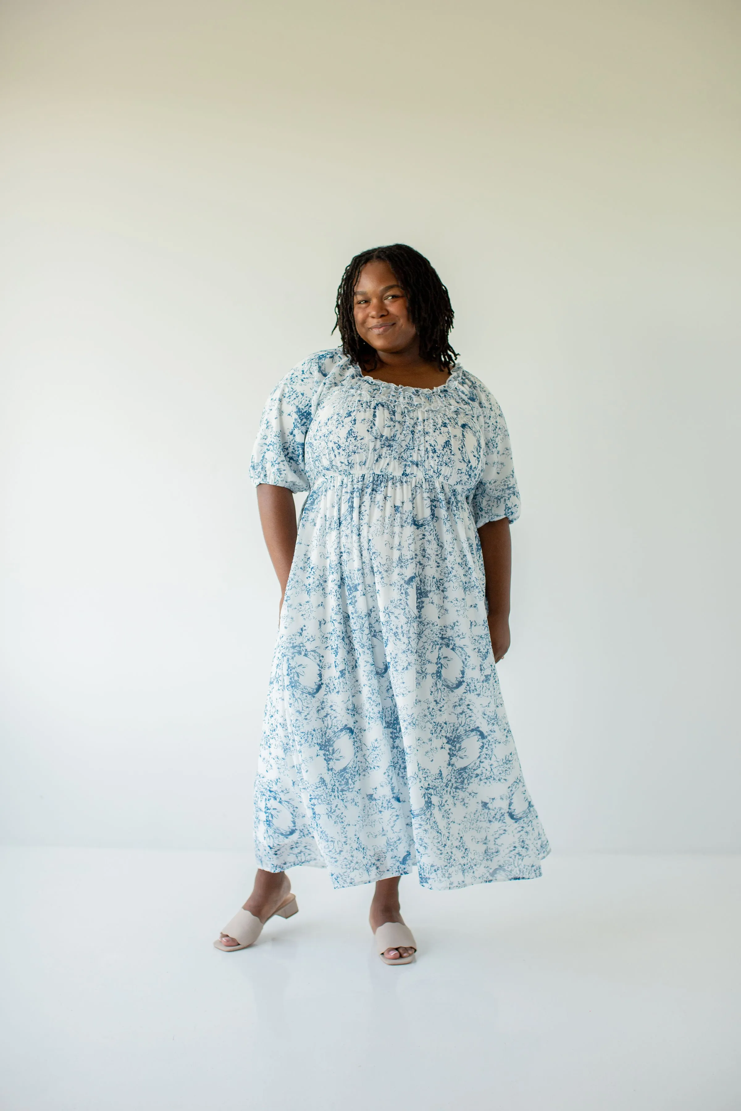 Plus 'Yvette' Ruffled Blue Floral Midi Dress in White FINAL SALE