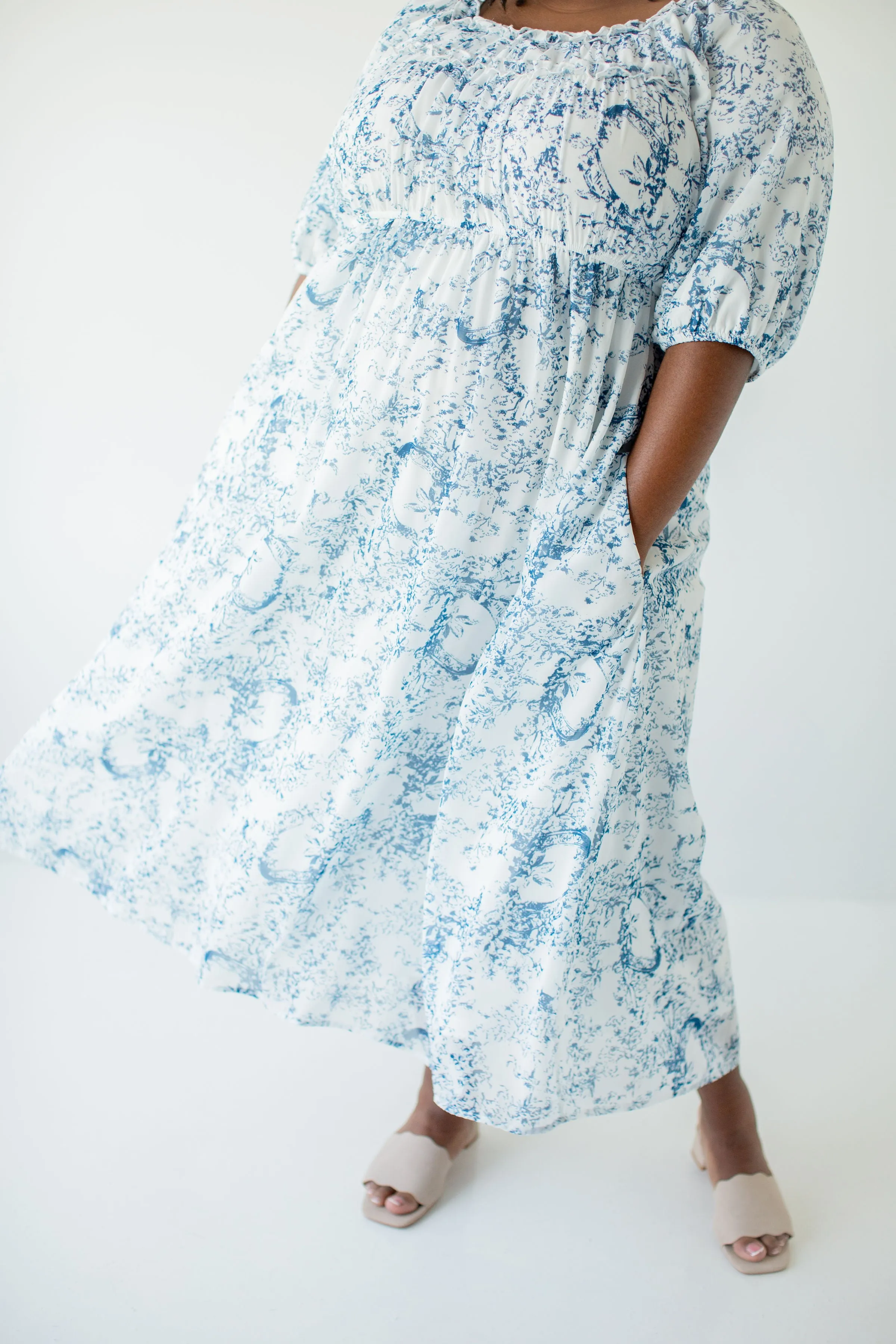 Plus 'Yvette' Ruffled Blue Floral Midi Dress in White FINAL SALE