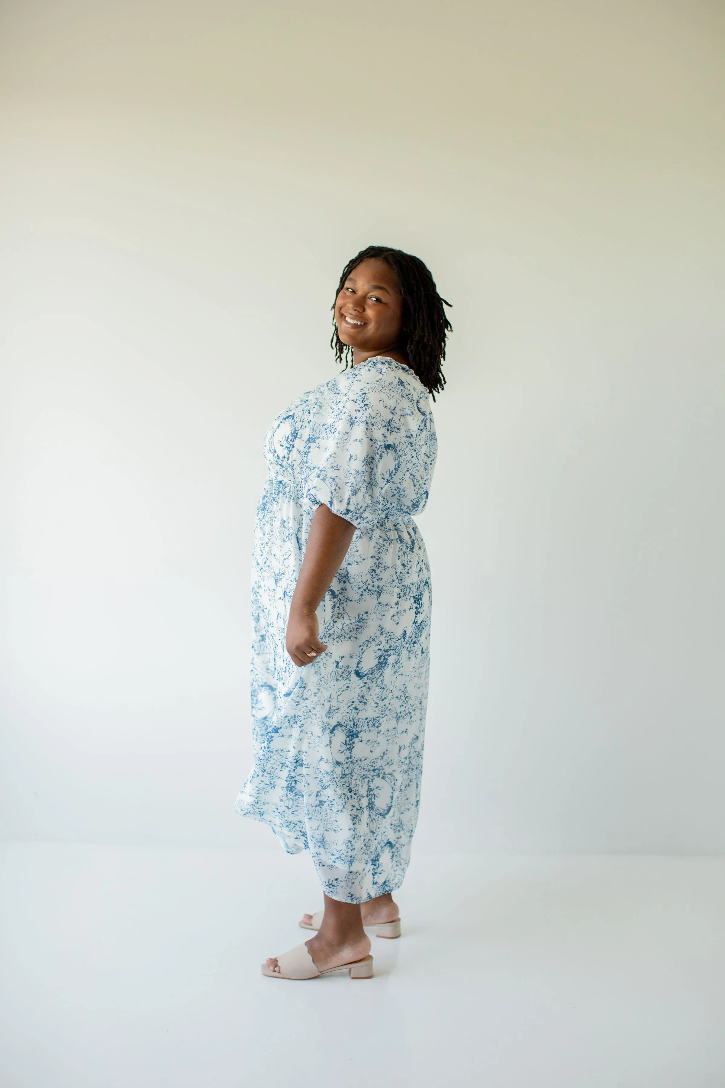 Plus 'Yvette' Ruffled Blue Floral Midi Dress in White FINAL SALE