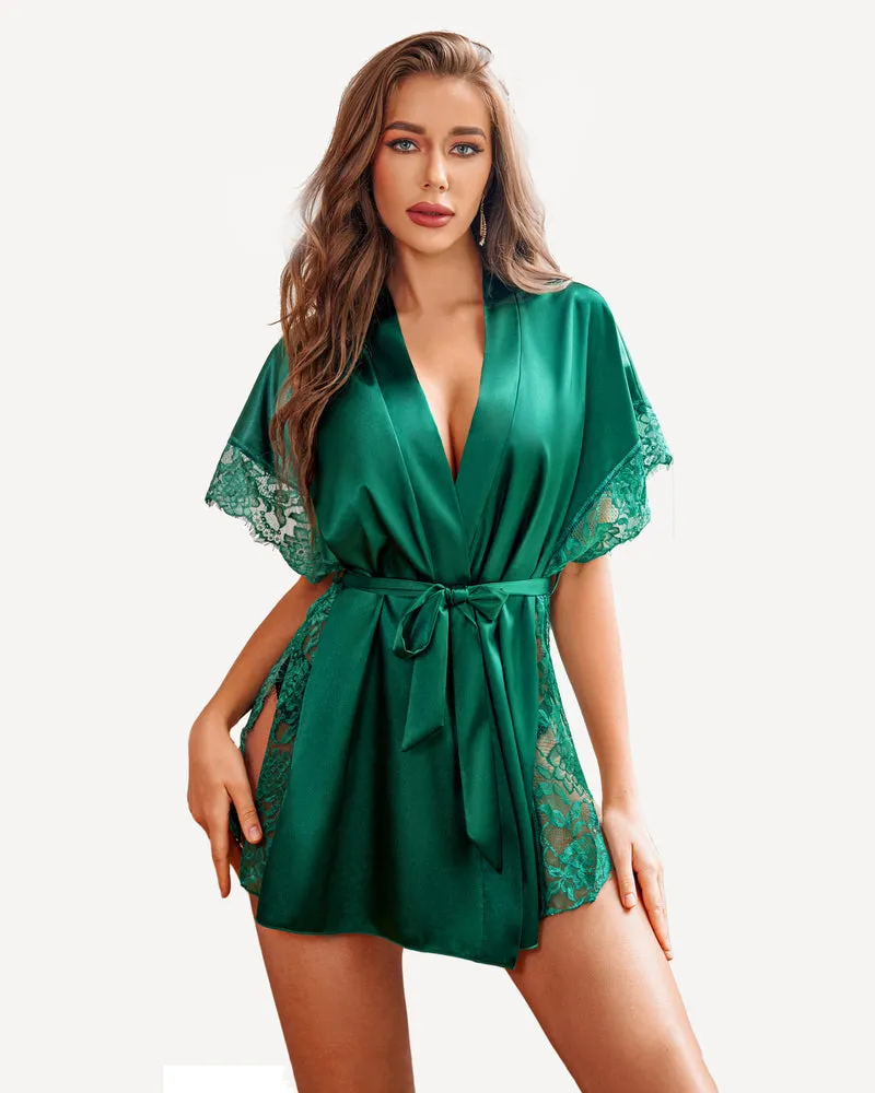 Satin Eyelash Lace Kimono Side Split Silk Robes