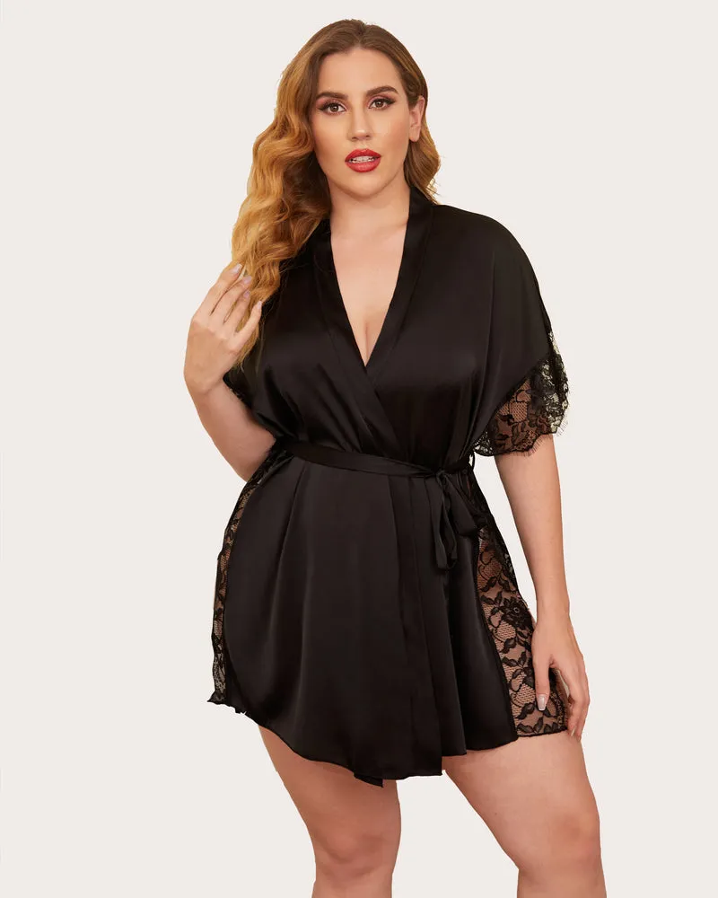 Satin Eyelash Lace Kimono Side Split Silk Robes